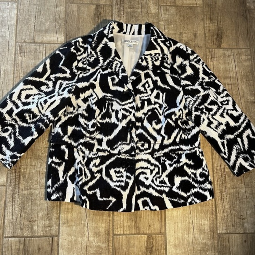 Pendleton Linen Blend Blazer Jacket Black White GeometricLined Casual Sz Med EUC